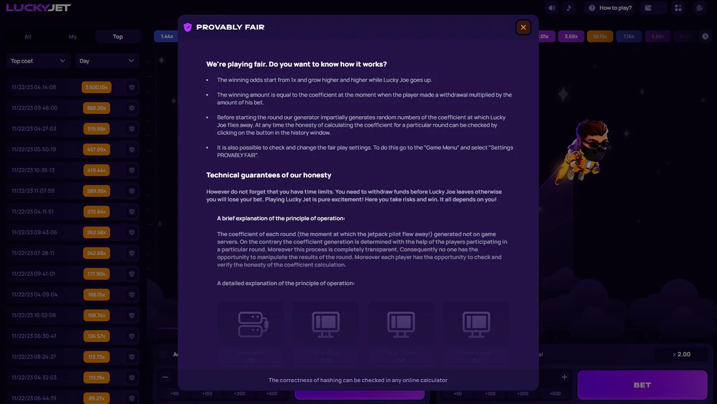 Pantalla de información Provably Fair de Lucky Jet que detalla la transparencia y el sistema aleatorio para jugadores hispanohablantes