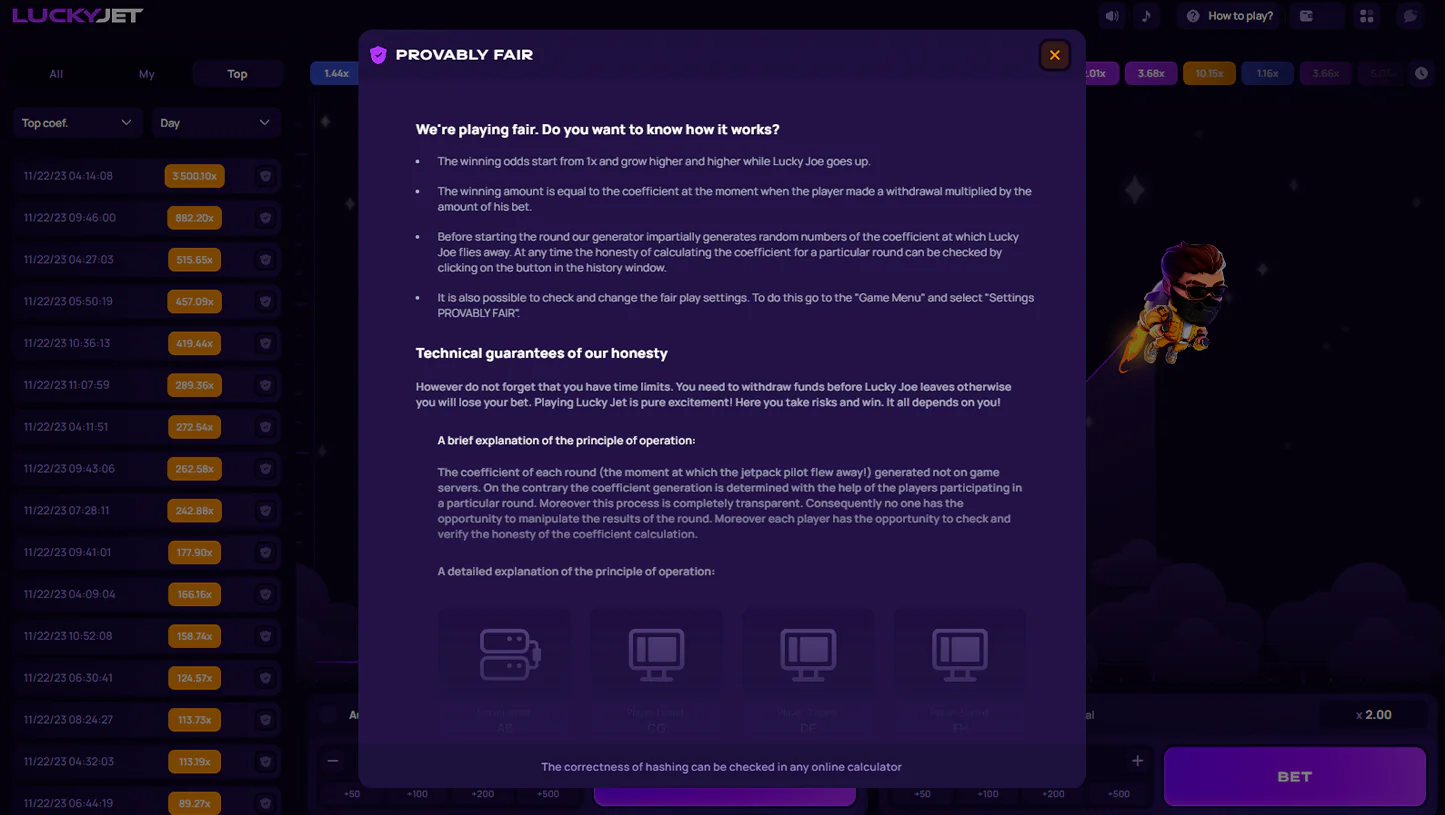 Pantalla de información Provably Fair de Lucky Jet que detalla la transparencia y el sistema aleatorio para jugadores hispanohablantes
