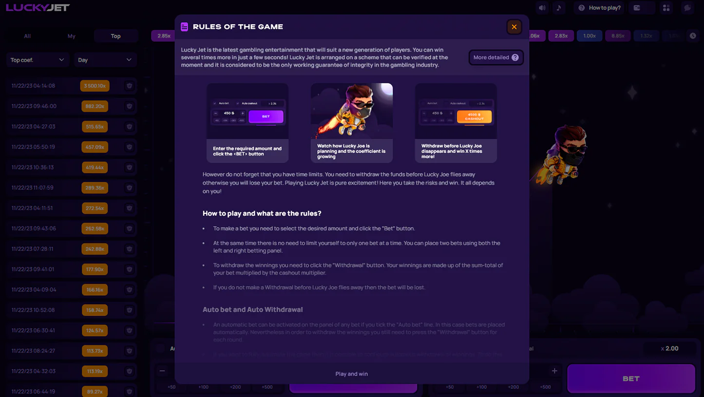 Ventana de reglas de Lucky Jet que explica cómo apostar y retirar ganancias para jugadores hispanohablantes